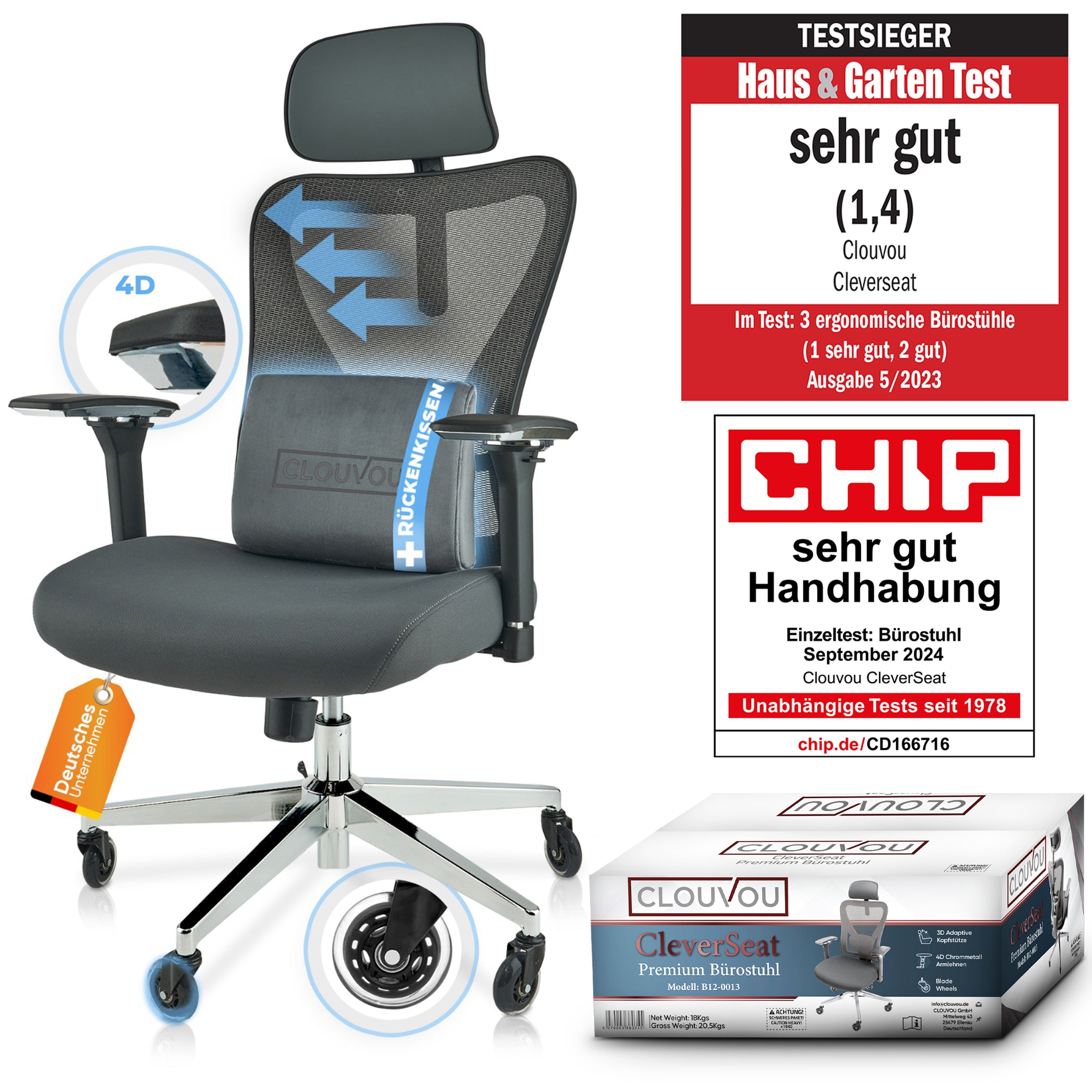 CLOUVOU CleverSeat - Ergonomischer Bürostuhl "Zeitloses Design trifft auf unschlagbare Qualität" - Clouvou