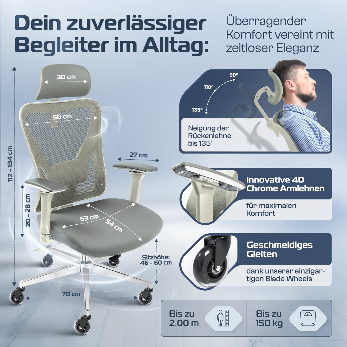 CLOUVOU CleverSeat - Ergonomischer Bürostuhl "Zeitloses Design trifft auf unschlagbare Qualität" - Clouvou