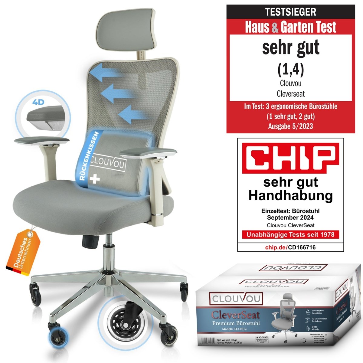 CLOUVOU CleverSeat - Ergonomischer Bürostuhl "Zeitloses Design trifft auf unschlagbare Qualität" - Clouvou