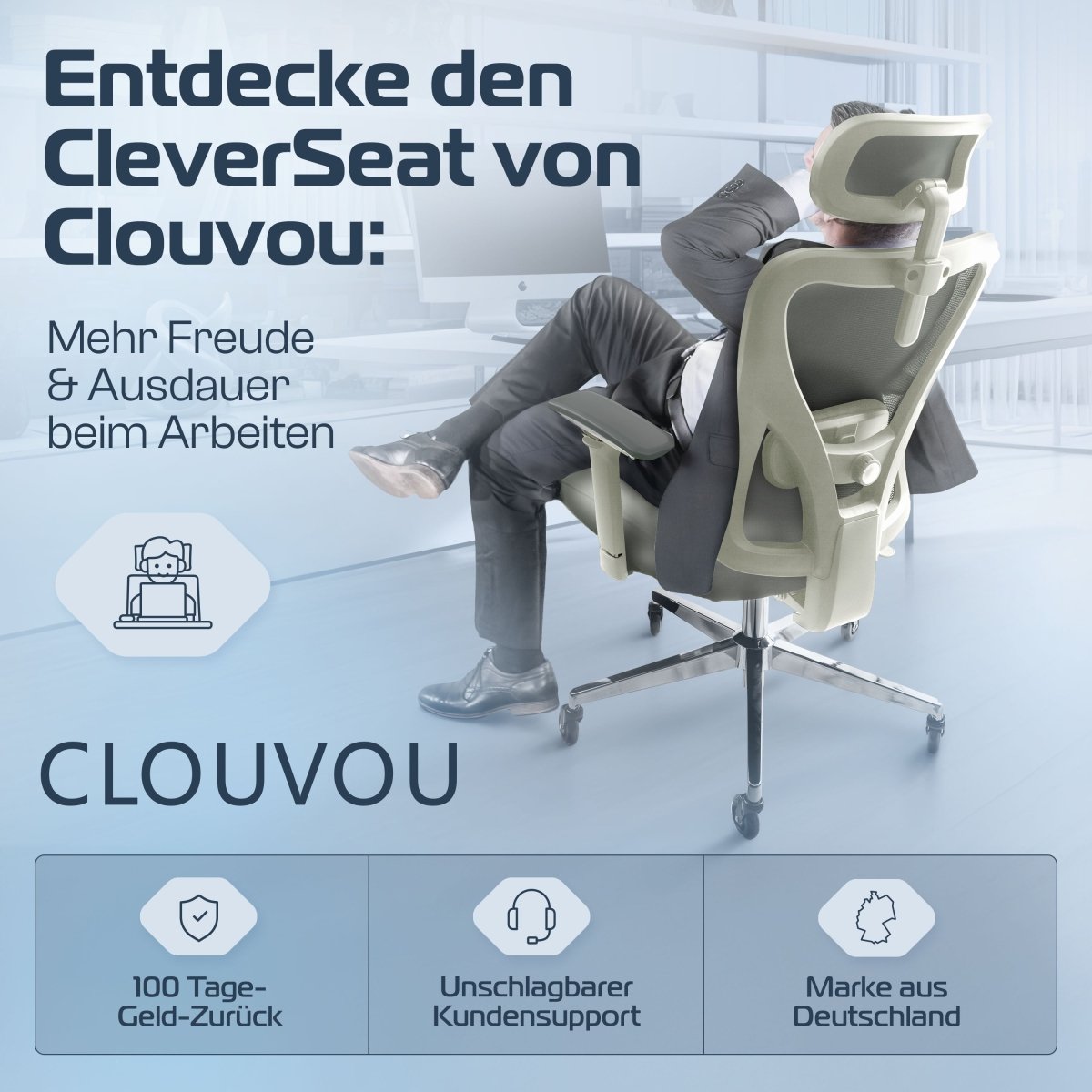 CLOUVOU CleverSeat - Ergonomischer Bürostuhl "Zeitloses Design trifft auf unschlagbare Qualität" - Clouvou