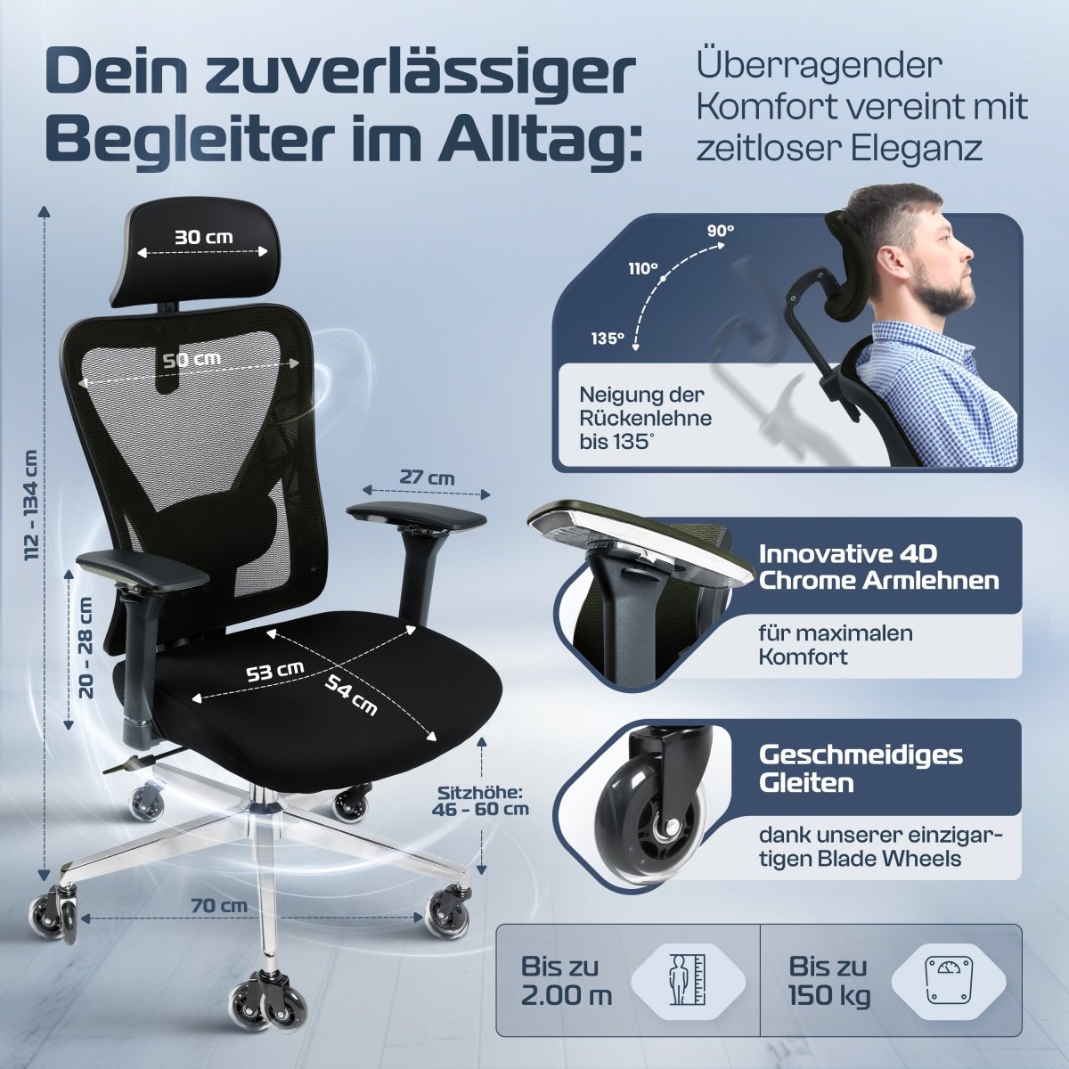 CLOUVOU CleverSeat - Ergonomischer Bürostuhl "Zeitloses Design trifft auf unschlagbare Qualität" - Clouvou