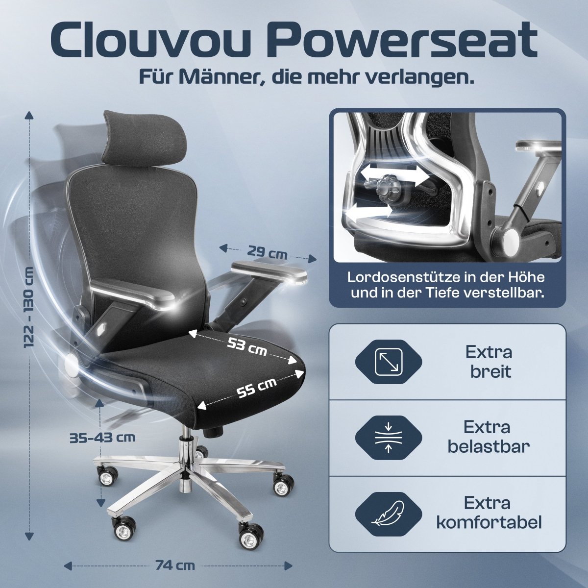 CLOUVOU PowerSeat - Ergonomischer Bürostuhl „ Extra breit gebaut und weich wie auf einer Matratze“ - Clouvou